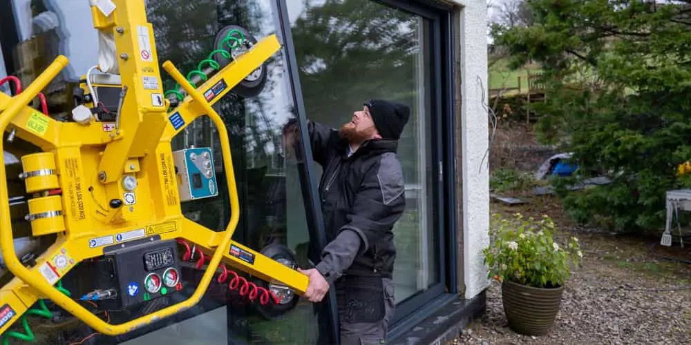 Fitters are installing sliding door leaf utilising glass crane.