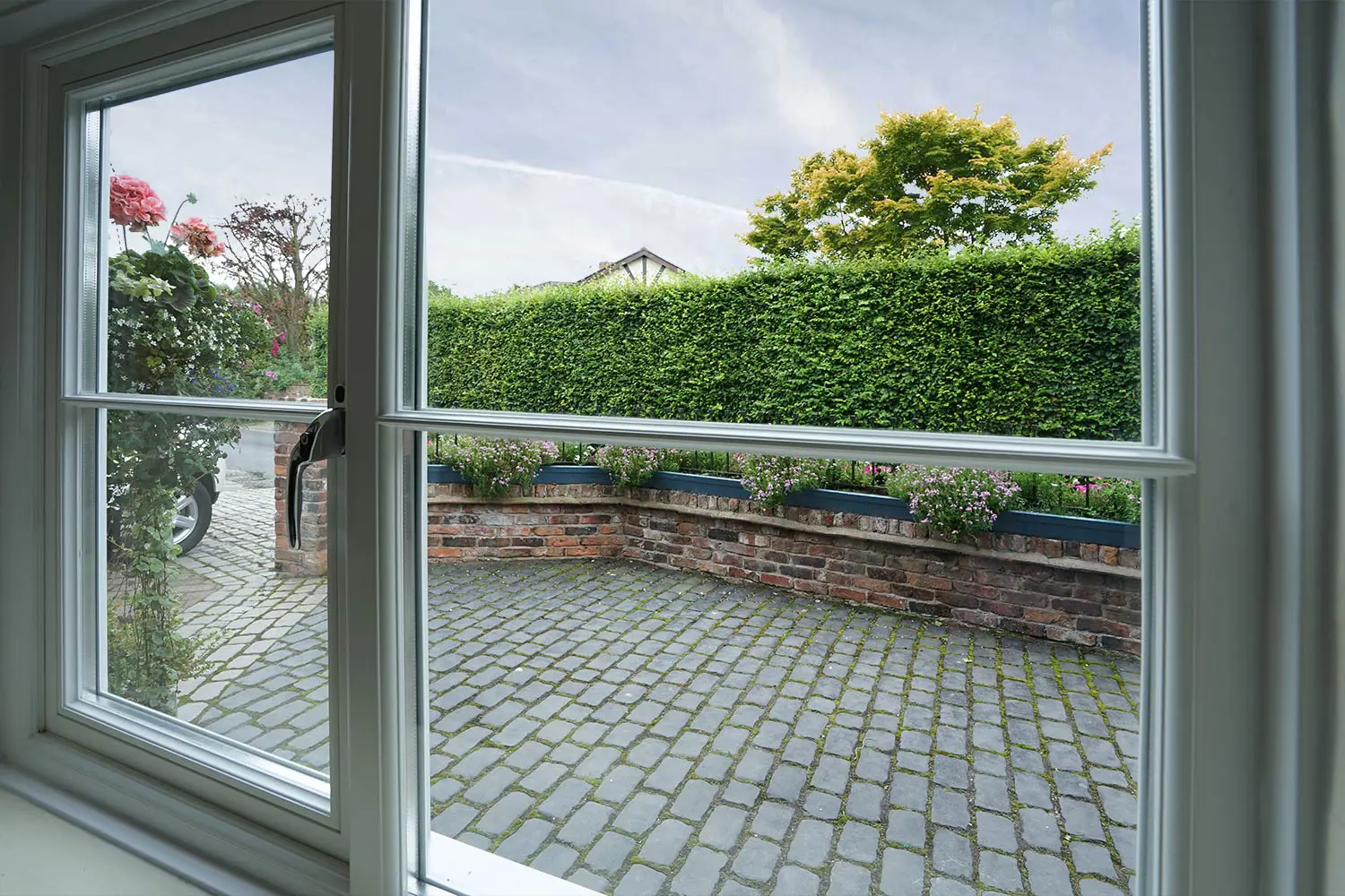 Close up internal shot of timber window with double glazing in Cheshire..