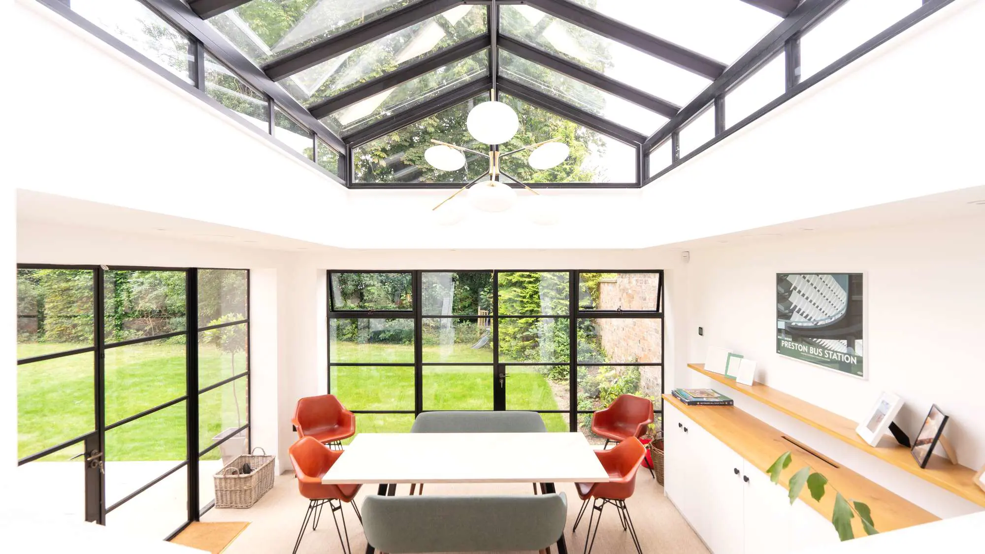 Dual Crittall screens and large bespoke roof lantern complete this garden room extension.